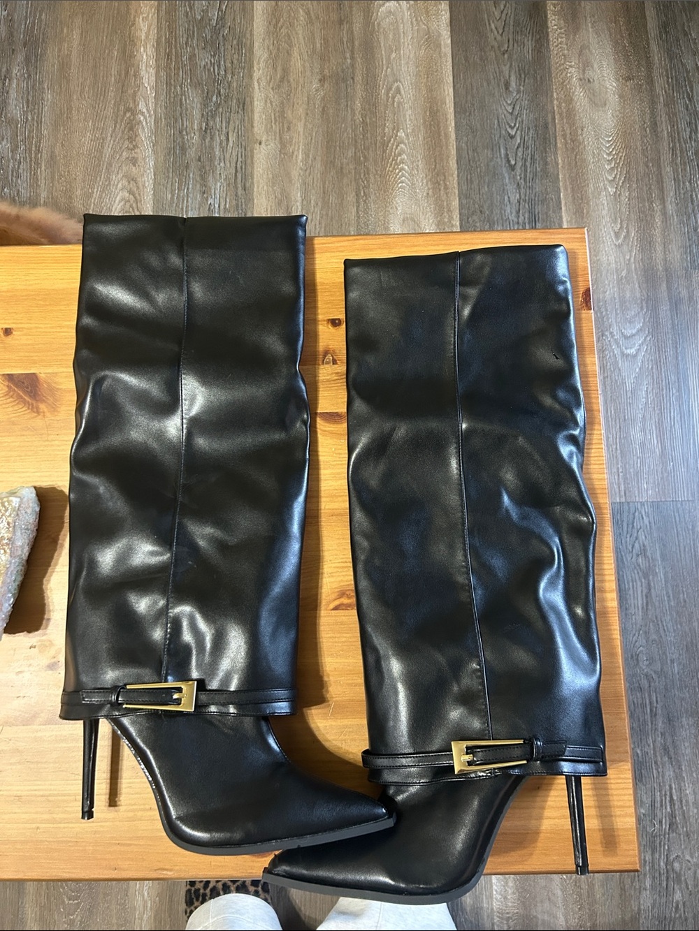 SHEIN Black Over-the-Knee Stiletto Boots with Gold Buckle Accent